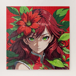 Levendig rood haar en bloemenportret legpuzzel