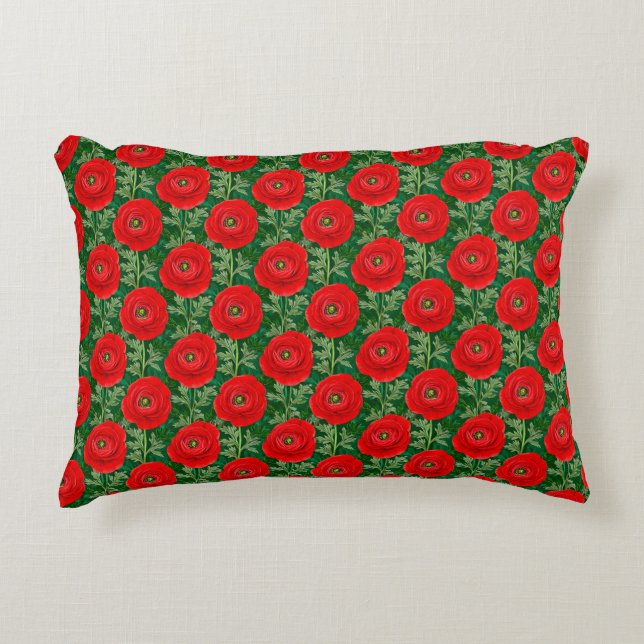 Levendig Rood Ranunculus Bloempatroon Accent Kussen (Voorkant)