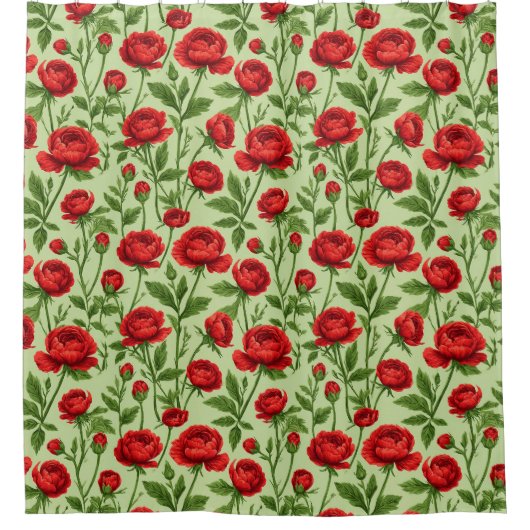 Levendig Rood Ranunculus Bloempatroon Douchegordijn (Voorkant)