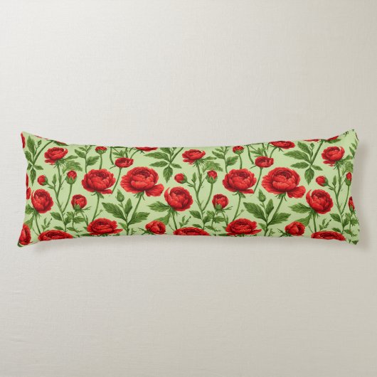 Levendig Rood Ranunculus Bloempatroon Lichaamskussen (Voorkant)