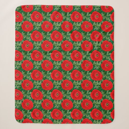 Levendig Rood Ranunculus Bloempatroon Sherpa Deken (Voorkant)
