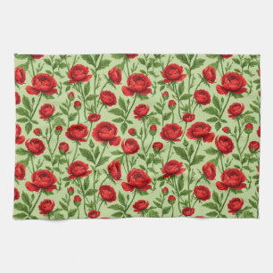 Levendig Rood Ranunculus Bloempatroon Theedoek