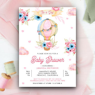 Levendig Roze Bloem Hot Air Balloon Meisje Baby Sh Kaart