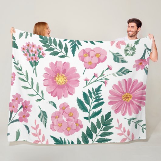 Levendig Roze Bloemen Patroon Met Weelderig Groen Fleece Deken (In situ)