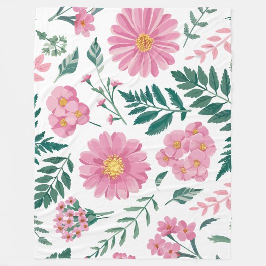 Levendig Roze Bloemen Patroon Met Weelderig Groen Fleece Deken (Voorkant)