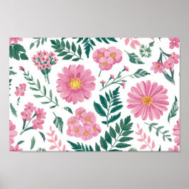Levendig Roze Bloemen Patroon Met Weelderig Groen Poster