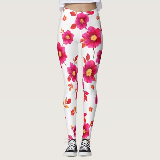 Levendig Roze Bloemen Waterverf Patroon Leggings (Voorkant)