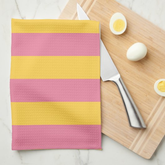 Levendig roze en geel verticaal gestreept patroon theedoek (Quarter Fold)
