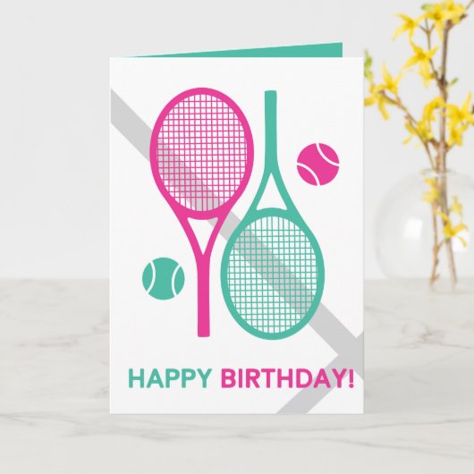 Levendig roze en mint tennisracket Verjaardag Kaar Kaart (Gele Bloem)