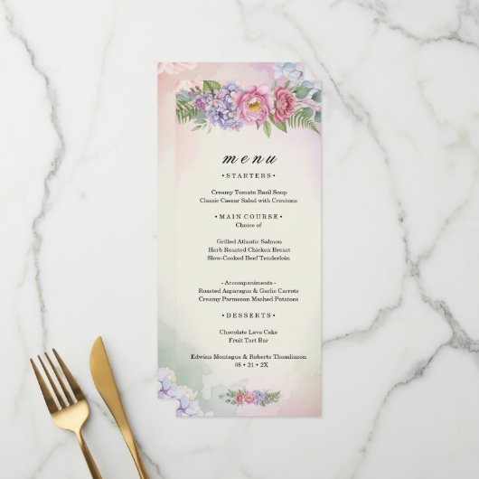 Levendig roze en paarse bloemrijke menu (Voorkant / Achterkant in situ)