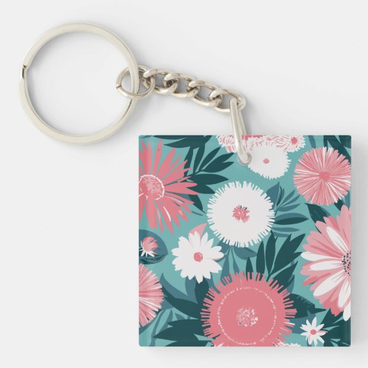 Levendig roze en witte Bloemensymfonie Sleutelhanger (Voorkant)