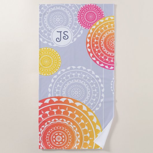 Levendig roze geel willekeurig mandala monogram strandlaken (Voorkant)