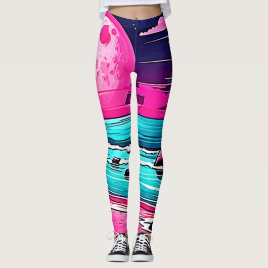 Levendig roze maanstrand leggings (Voorkant)