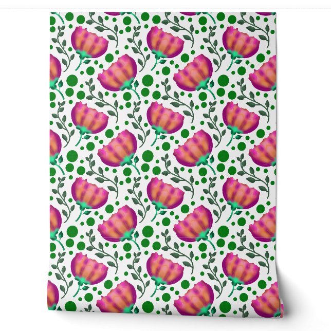 Levendig roze-oranje bloempatroon behang (Afrollen)