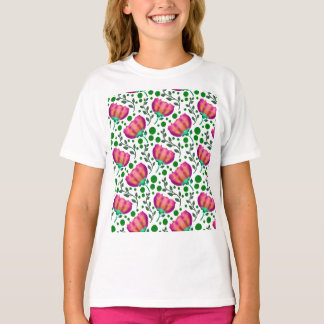 Levendig roze-oranje bloempatroon t-shirt