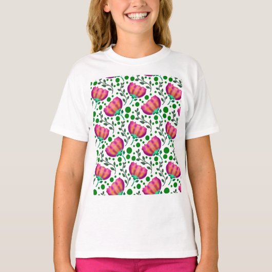 Levendig roze-oranje bloempatroon t-shirt (Voorkant)