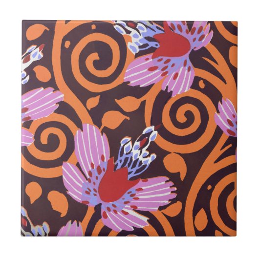 Levendig Roze & Oranje Wervelende Art Deco Bloem Tegeltje (Voorkant)