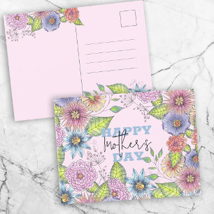 Levendig Roze Paarse Bloeiende Bloemen Moederdag Briefkaart