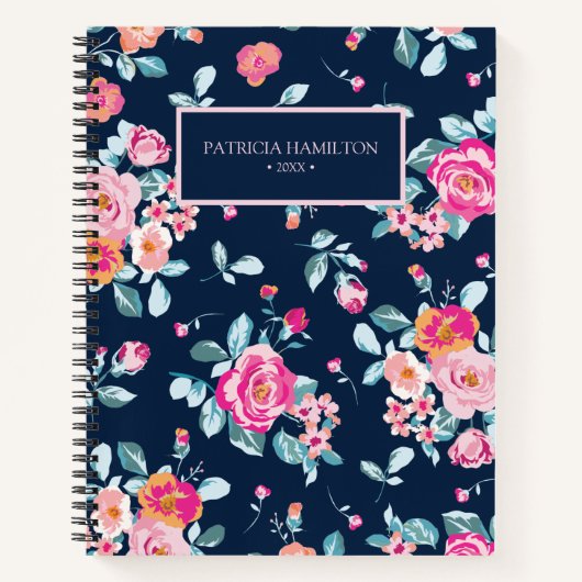 Levendig roze rozen bloemenpatroon notitieboek (Voorkant)