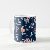 Levendig Roze Rozen Bloempatroon Monogram Koffiemok (Voorkant links)