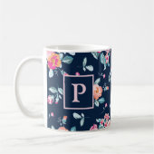 Levendig Roze Rozen Bloempatroon Monogram Koffiemok (Links)
