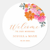 Levendig Roze Sinaasappel Bloemen Zomer Huwelijk W Ronde Sticker (Voorkant)