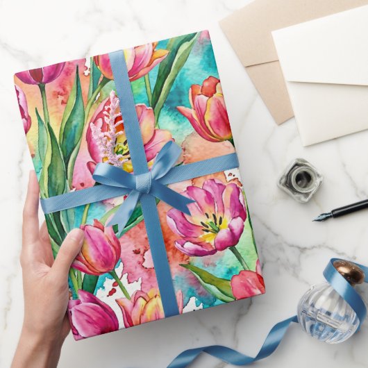 Levendig Roze Tulp Aquarel Inpakpapier (Geschenken)