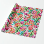 Levendig Roze Tulp Aquarel Inpakpapier (Uitgerold)
