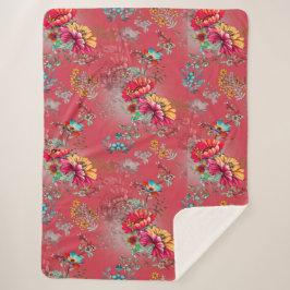 Levendig Roze Vintage Bloemmotief Sherpa Deken