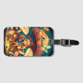 Levendig schattige elven spelen onder paddenstoele bagagelabel