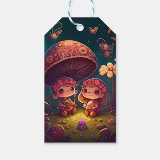 Levendig schattige elven spelen onder paddenstoele cadeaulabel (Voorkant)