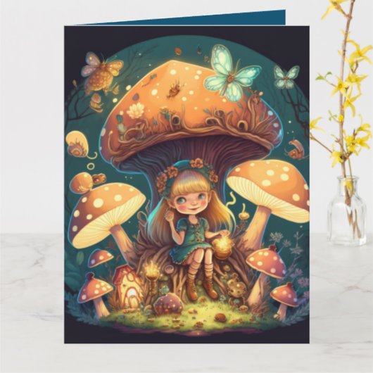 Levendig schattige elven spelen onder paddenstoele kaart (Gele Bloem)