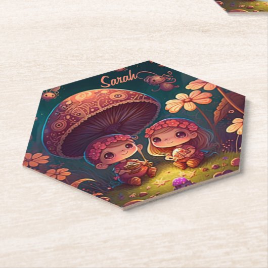 Levendig schattige elven spelen onder paddenstoele kartonnen onderzetters (Schuin)