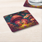 Levendig schattige elven spelen onder paddenstoele kartonnen onderzetters (Schuin)