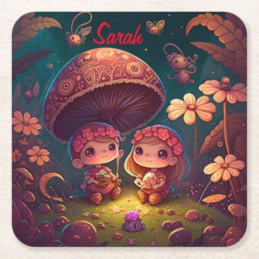 Levendig schattige elven spelen onder paddenstoele kartonnen onderzetters (Voorkant)