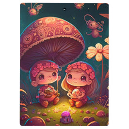 Levendig schattige elven spelen onder paddenstoele klembord