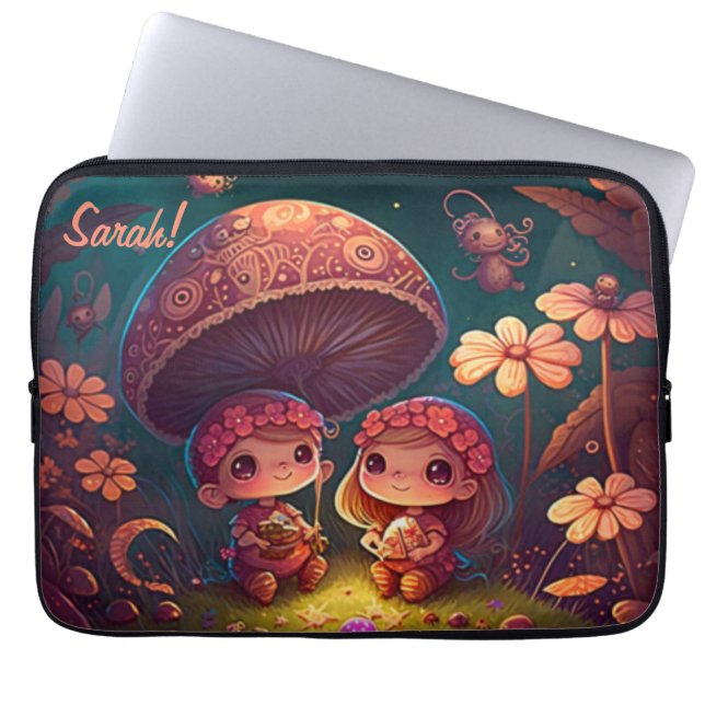 Levendig schattige elven spelen onder paddenstoele laptop sleeve (Voorkant)