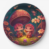 Levendig schattige elven spelen onder paddenstoele papieren bordje (Voorkant)