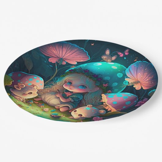 Levendig schattige elven spelen onder paddenstoele papieren bordje (Gekanteld)