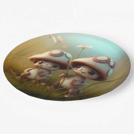 Levendig schattige elven spelen onder paddenstoele papieren bordje (Gekanteld)