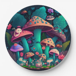 Levendig schattige elven spelen onder paddenstoele papieren bordje