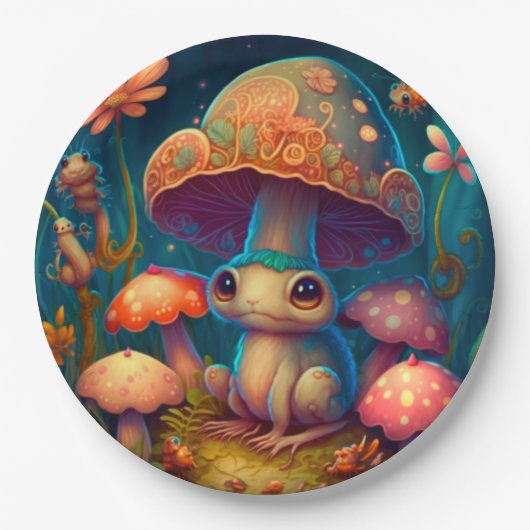 Levendig schattige elven spelen onder paddenstoele papieren bordje (Voorkant)