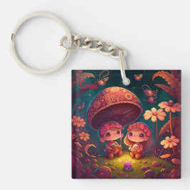 Levendig schattige elven spelen onder paddenstoele sleutelhanger