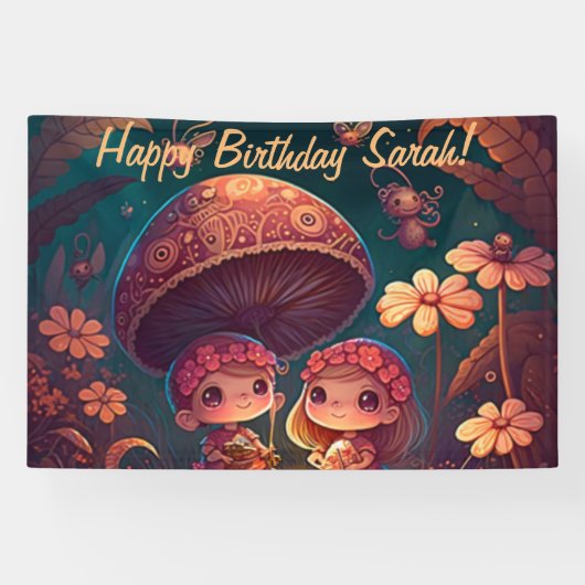 Levendig schattige elven spelen onder paddenstoele spandoek (Horizontaal)