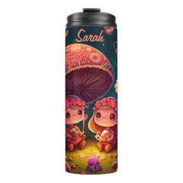 Levendig schattige elven spelen onder paddenstoele thermosbeker