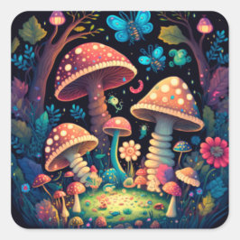 Levendig schattige elven spelen onder paddenstoele vierkante sticker