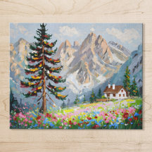Levendig schilderij Mountain Wildflower Cabin Art