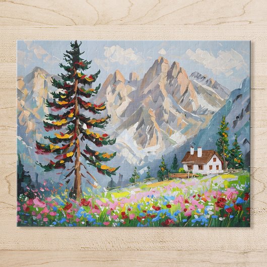 Levendig schilderij Mountain Wildflower Cabin Art Legpuzzel