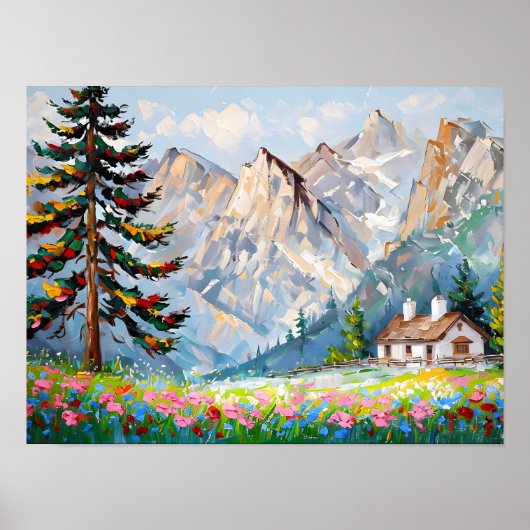 Levendig schilderij Mountain Wildflower Cabin Art Poster (Voorkant)