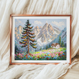 Levendig schilderij Mountain Wildflower Cabin Art Poster